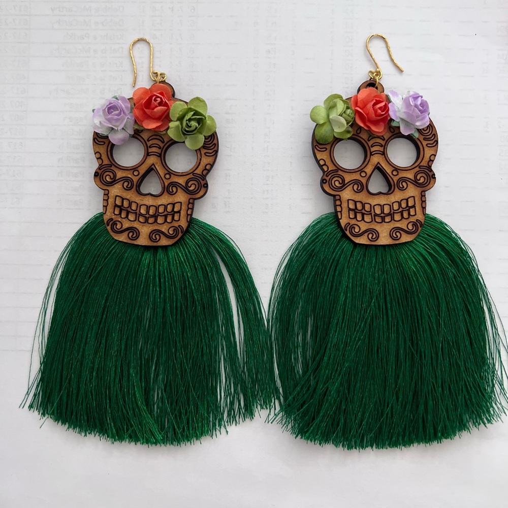 Skull Earrings Calavera Skull Day of the Dead Wood Dangle Tassel/ Flowers